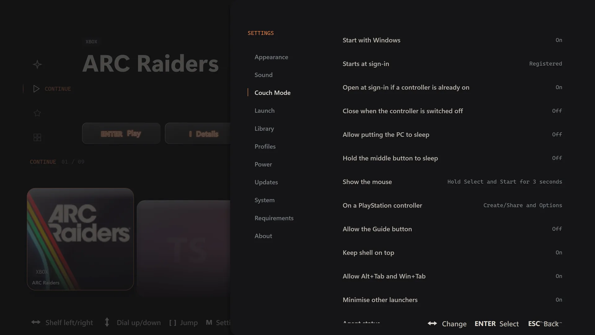 Onyro Couch Mode settings: start with Windows, open when a controller is on, show the mouse with Select and Start.